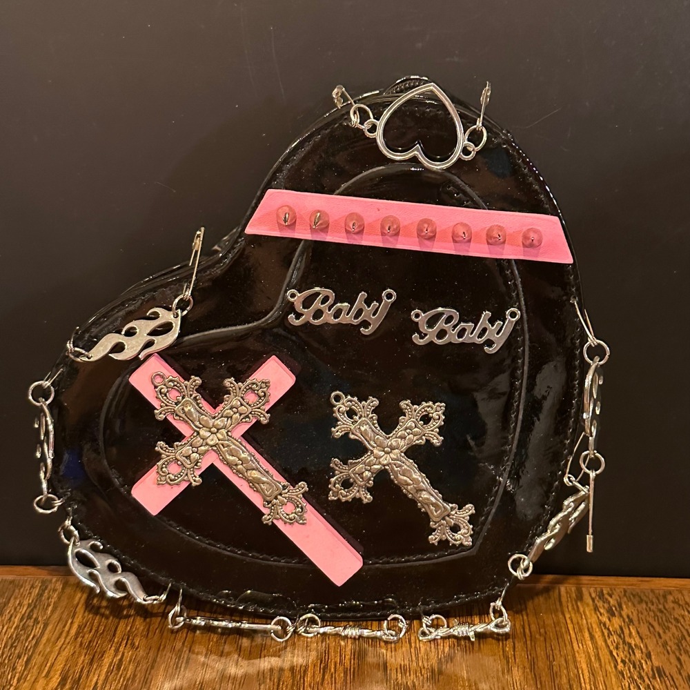 Gothic Heart Shaped Handbag Black Patent Pink Cross Studded Punk missing strap